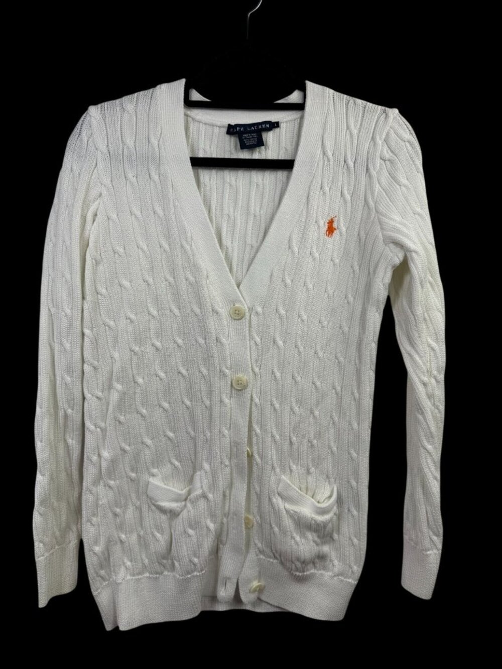 Ralph Lauren Womens White Cable Knit Cardigan Sweater Orange Pony Cotton Large